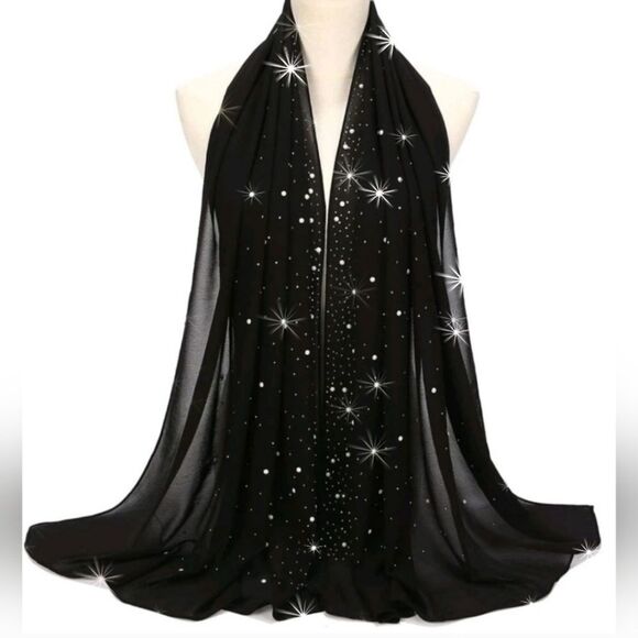 Stunning Pearls and Rhinestones Black Chiffon Scarf - Picture 1 of 7